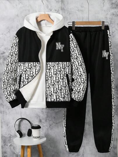 2pcs Teen Boys Teddy Fleece Printed Jacket & Black Japanese Style Sweatshirt Pants Set, Casual Sporty Outfit Suitable For School, Outdoor, Photography, Soft & Comfortable, Must-Have Teens Clothing Fall Winter