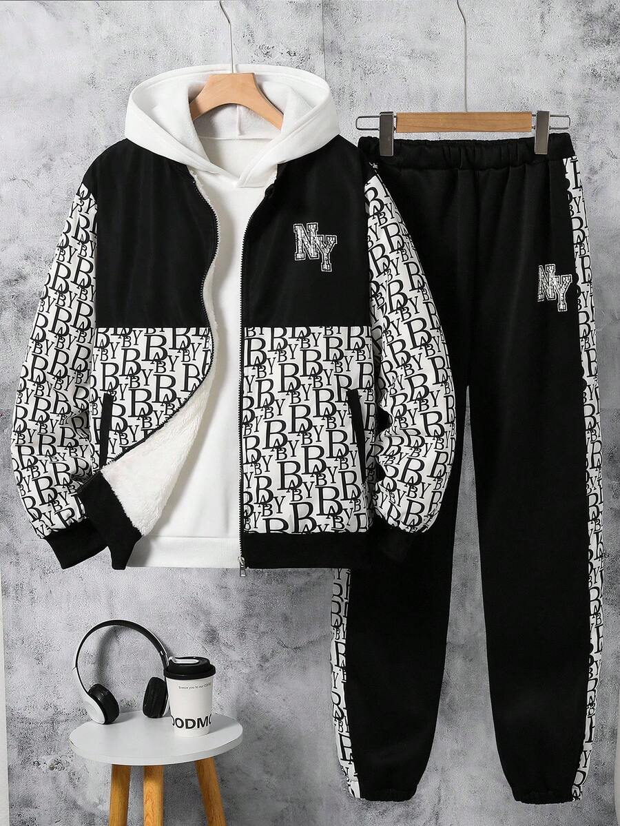 2pcs Teen Boys Teddy Fleece Printed Jacket & Black Japanese Style Sweatshirt Pants Set, Casual Sporty Outfit Suitable For School, Outdoor, Photography, Soft & Comfortable, Must-Have Teens Clothing Fall Winter - White - View 1