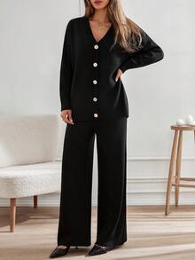 SHEIN Tall Completo da donna di grandi dimensioni composto da cardigan con dettagli in oro e pantaloni, 2 pezzi - nero - Visualizzare 4