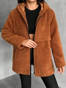 EURMUSE 舒适毛绒口袋魅力柔软细节，大胆风格毛绒口袋带来额外的温暖触感纹理，最大程度的舒适轻松凉爽与毛绒扭曲风格在每一个针脚中都与柔软相遇时尚外套与毛绒装饰舒适氛围的首选夹克您可以感受到的温暖，您可以看到的风格 - 棕色 - 查看 3