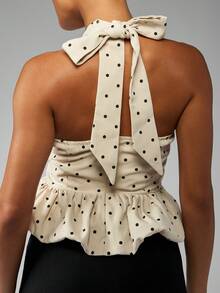 MISSGUIDED Polka Dot Halter Top Peplum Blouse Summer Retro V Neck Bubble Hem Sleeveless Blouse Fashion Party Evening Casual Peplum Top
