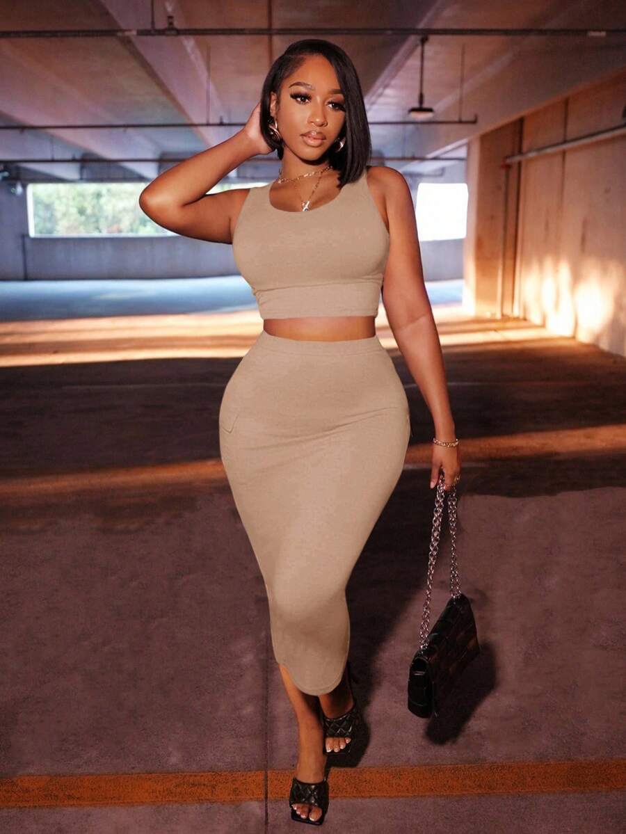 Slaydiva 2pcs/Set Casual Street Style Sleeveless Top With Cargo Pockets & Gray Midi Skirt - Khaki - View 1