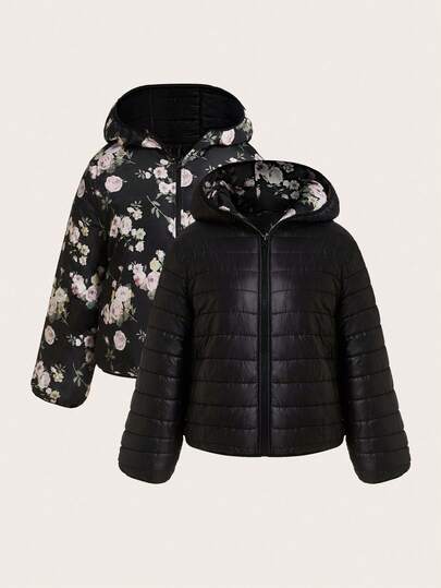 SHEIN LUNE Chaqueta de invierno con capucha reversible y estampado floral para mujer de talla grande