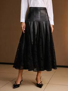 PREMIUM PU LEATHER LACE PANEL FOLD PLEATED SKIRT - Black - View 4