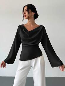 Firerie 杏色船领喇叭袖收腰OL衬衫，简约优雅日常通勤缎面不对称褶皱领喇叭袖女式衬衫，时尚办公室着装，优雅女士黑色上衣 - 黑色 - 查看 5