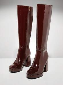 SHUZIA Women's Glamorous Comfortable Square Toe Platform Knee-High Boots With Inner Zipper - Brown - View 5
