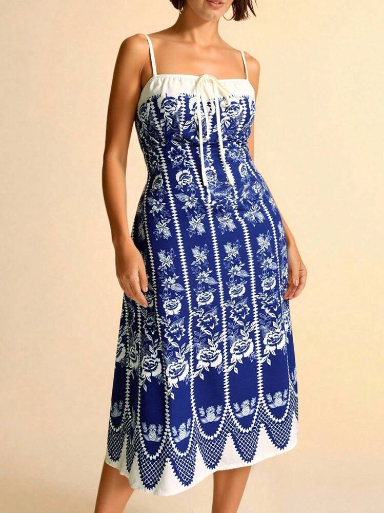 CAJUNI Plus Size Women's Vacation Boho Purple & White Tropical Floral Print Square Neck Spaghetti Strap Cinched Waist A-Line Split Hem Ruched Fitted Maxi Dress, Summer - Multicolor - View 3