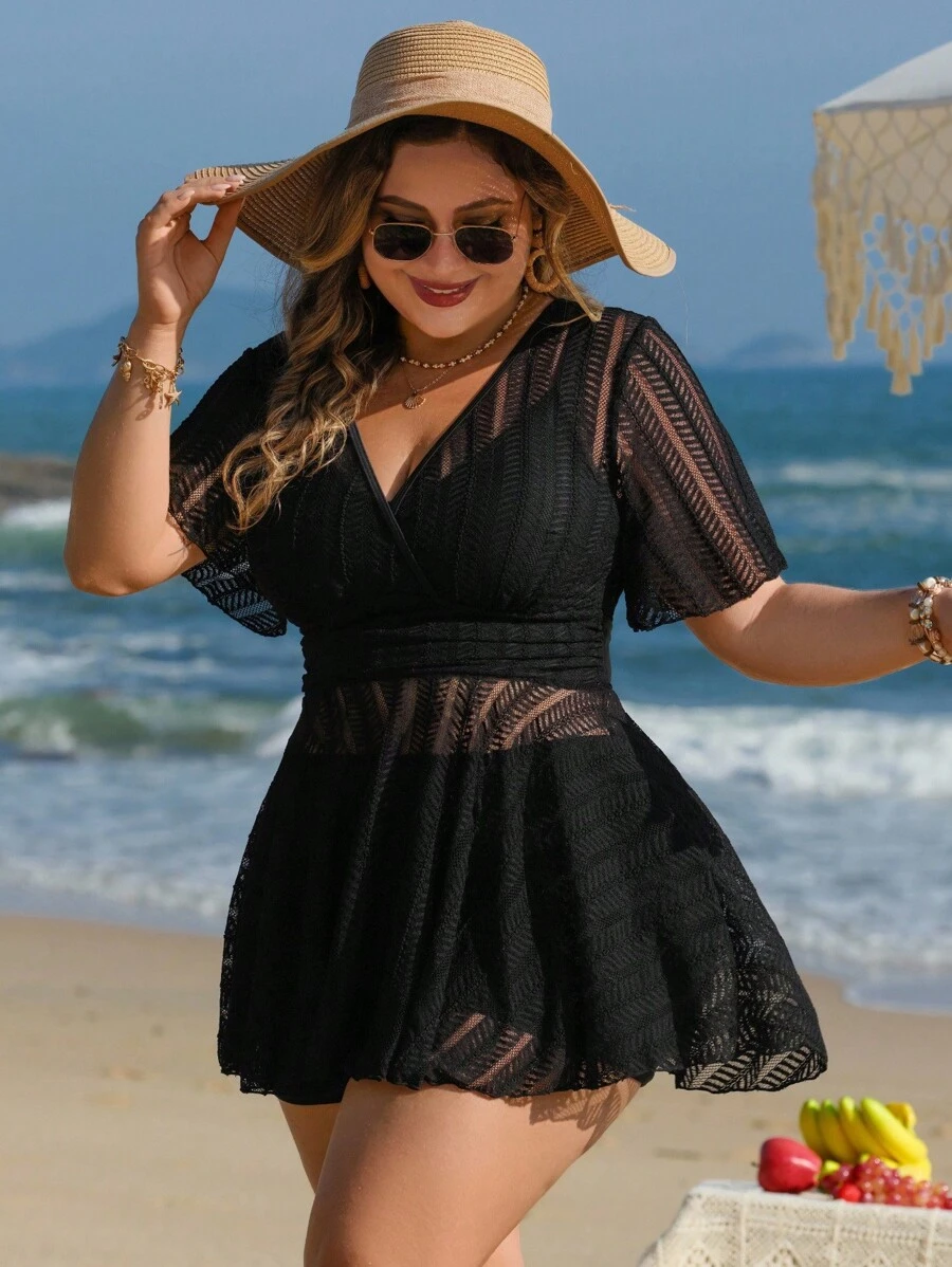 Swim Lushoire Plus Size Women 2pcs Solid Color Mesh Skirt Casual Beach Holiday Bikini Swimsuit Set For Summer Beach Vacation