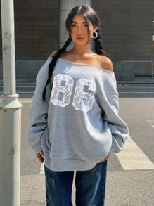 Attitoon Casual Vintage Style White Lace-Like Pattern, Numeric 86 Placement Print, Sexy Off-Shoulder Loose Fit Long Sleeve Sweatshirt For Women, Suitable For Fall/Winter, Vintage, Sexy, Cute, Y2K, Bohemian, Hippie, Music Festival, Punk, Y2K, Sexy Girl - Light Grey - View 6