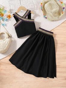 2pcs/Set Young Girl Ribbon Trim Halter Top And Skirt Set