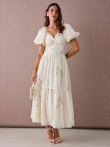 Enchnt 女式 V 领扭纹前泡泡袖 A 字长连衣裙 - 杏色 - 查看 3