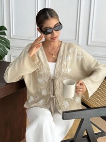 SHEIN Frenchy 秋冬女款印花系带长袖常规夹克 - 杏色 - 查看 7