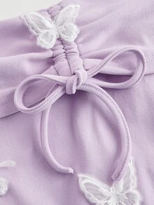 SHEIN MOD Áo thun nữ hở vai tay loe họa tiết bướm tím tử đinh hương thời trang - Màu Lilac Tím - Xem 3