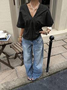 Siren Gaze Blusa de mezcla de lino con encaje a rayas para mujer