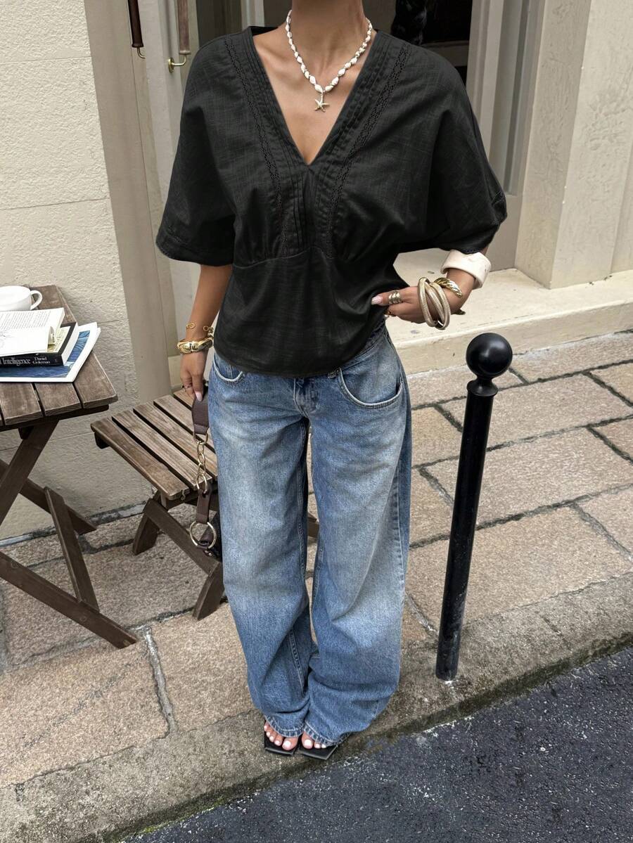 Siren Gaze Blusa de mezcla de lino con encaje a rayas para mujer