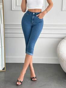 EURMUSE Medium Blue  Long Short Fold Up Detail - Medium Wash - View 6