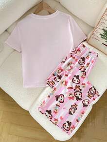 SHEIN 青少年女孩波西米亚风格卡通条纹可爱印花休闲简约圆领长袖 T 恤和宽松裤子家居服套装 - 淺粉色 - 查看 3