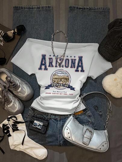 SHEIN EZwear 女式休闲简约 GRUNGE 美式风景标语印花褶皱腰露肩紧身短袖 T 恤，适合夏季，Y2K 不对称肩部修身款式