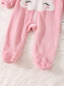 新生女婴卡通云朵图案贴花拉链连帽保暖法兰绒连体衣 适合秋冬季