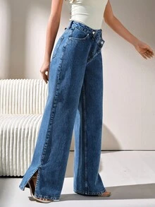 CLARA VERO 高腰开衩直筒牛仔裤 - 深色水洗藍 - 查看 6