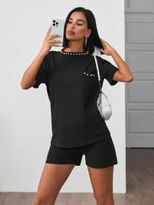 ZIRRA 2pcs/Set Women Summer Casual Beaded Decor T-Shirt And Shorts - Black - View 1