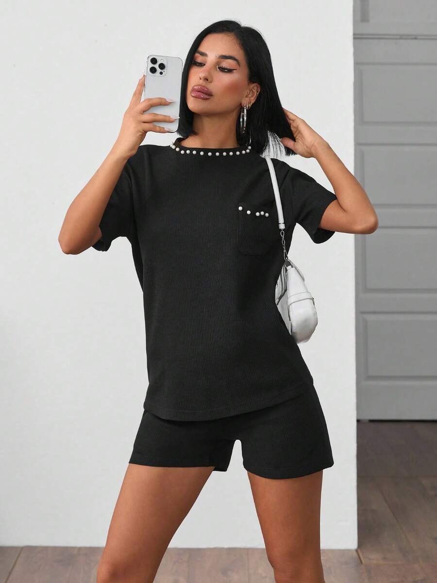 ZIRRA 2pcs/Set Women Summer Casual Beaded Decor T-Shirt And Shorts - Black - View 1