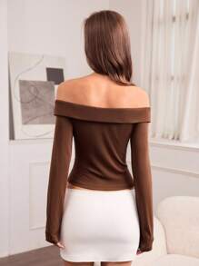 Hanevo Women's Fitted Off Shoulder Zipper Closure Casual T-Shirt Fall Cloth For Women - Brown - View 2