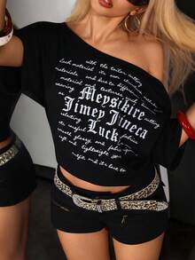 Jeanoix Camiseta de manga corta con cuello asimétrico casual para mujer, de verano - Negro - Ver 6