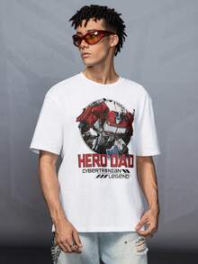 Transformers X SHEIN Men's Casual Fashion Street Robot & Letter Print Short Sleeve White T-Shirt, Summer - White - View 3
