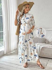 SHEIN 孕妇碎花荷叶边系领短袖连衣裙 - 白色 - 查看 1