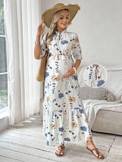 SHEIN 孕妇碎花荷叶边系领短袖连衣裙