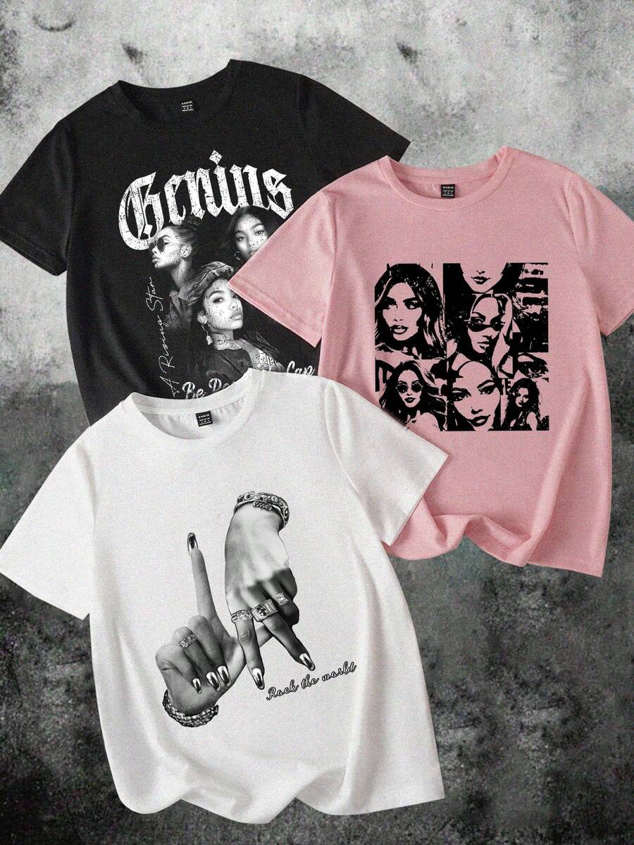 SHEIN EZwear Set de 3 camisetas de mujer de manga corta, cuello redondo, estilo casual y suelto con patrón simple, ligeramente transparentes, adecuadas para el verano y el regreso a la escuela