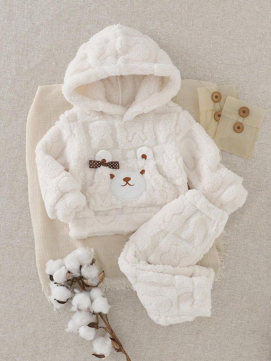 SHEIN 2 件女婴可爱休闲熊图案 3D 耳朵蝴蝶结毛绒长袖上衣和裤子套装，适合秋冬季日常穿着 - 杏色 - 查看 1