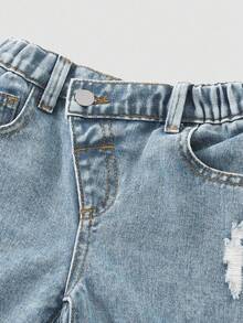 SHEIN Young Girls Y2K Casual Everyday Versatile Street Asymmetrical Waist Ripped Loose Wide Leg Straight All-Match Comfortable Jeans, 2025 New Essential, Suitable For Daily Wear, Hot Fall Winter - Medium Wash - View 3