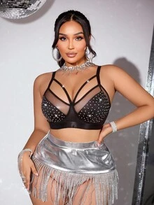SHEIN 1 pieza Sujetador inalámbrico con decoración de strass coloridos para tallas grandes con espalda descubierta - Negro - Ver 1