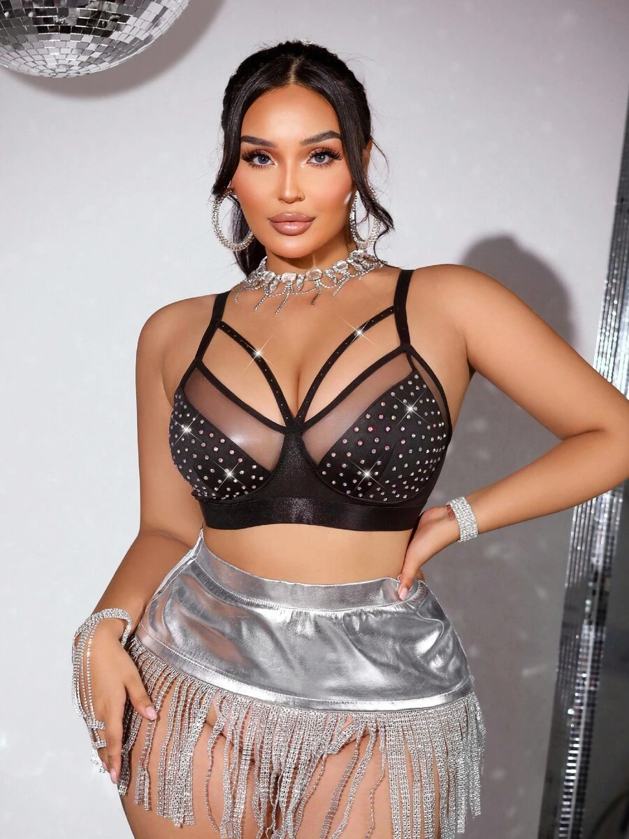 SHEIN 1 pieza Sujetador inalámbrico con decoración de strass coloridos para tallas grandes con espalda descubierta - Negro - Ver 1