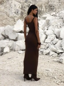 MUSERA Vestido maxi de malla forrado con cuello de barco, ajustado, para ocasiones de noche, cumpleaños, elegante, otoño, primavera, verano, vacaciones, graduación, baile de graduación - Café - Ver 4