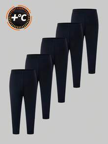 SHEIN 5 pièces Pack Leggings de couleur unie épais et thermiques pour bébés garçons, haute élasticité, doux et confortable, tout-aller, convient pour la maison et l'extérieur, automne/hiver - Noir - Voir 3