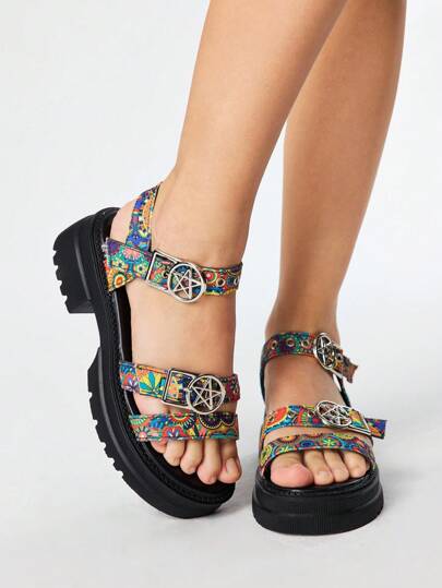 Grunge Punk Women's Summer Open Toe Dark Rock Punk Goth Roman Beach Sandals, Star Buckle Strap Platform Wedge Heels