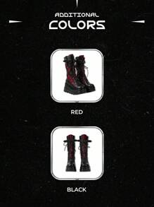 ROMWE Grunge Punk 红色 & 黑色金属扣厚底中筒系带朋克及膝靴