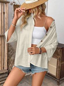 EMERY ROSE 女士纯色 3/4 袖单排扣休闲宽松衬衫纽扣衬衫女士夏季衬衫女士亚麻衬衫亚麻纽扣衬衫女士超大亚麻衬衫 - 杏色 - 查看 3