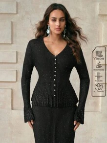 Aveloria 女士 V 领长袖单排扣水钻褶边毛衣秋季女装秋季女装秋季秋装针织套头衫秋冬