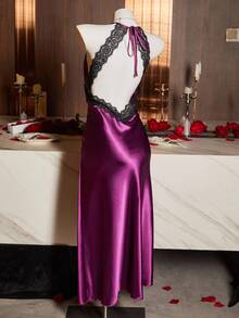 1 件 SilkySpell 女士性感深 V 睡袍，缎面长裙，蕾丝边露背长裙，适合所有季节，可外穿 - 紫色 - 查看 4