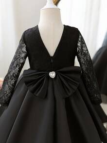 年轻女孩优雅可爱黑色缎面网眼长袖蝴蝶结连衣裙 - 黑色 - 查看 3