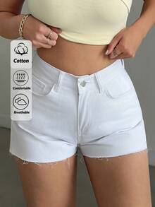 EURMUSE WOMEN HIGH WAIST WHITE DENIM SHORT EVERYDAY CASUAL RAW EDGE Women S Clothes Woman S Summer Clothes Women S Bottoms Women Short Set - White - View 1