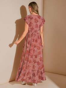 Amorya Women's Elegant Dusty Rose Velvet Burnout Floral Maxi Dress,Autumn Shirred Cap Sleeve Cinched Waist Tea Party Cottagecore Super Long Dress - Dusty Pink - View 2