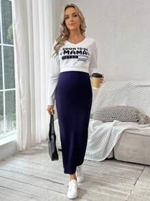 SHEIN Umstandsmode-Set mit V-Ausschnitt, langärmligem bedrucktem T-Shirt und langem Camisole-Kleid mit seitlichem Schlitz, 2 Stücke Set, Frühling/Herbst - marineblau - Übersicht 4