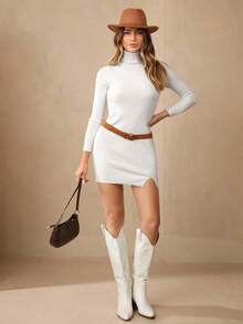 Wildy Turtleneck Split Hem Sweater Bodycon Black Grain Dress,Red Christmas Dress,Christmas Clothes,Christmas Top,Festival Clothes