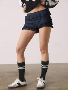 Athîral 夏季女式芭蕾甜美蝴蝶结可爱网眼撞色蕾丝荷叶边低腰超短短裤夏季短裤沙滩度假 - 寶藍色 - 查看 3