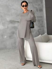 EURMUSE Cotton Solid Split Hem Tee & Flare Leg Pants - Coffee Brown - View 5